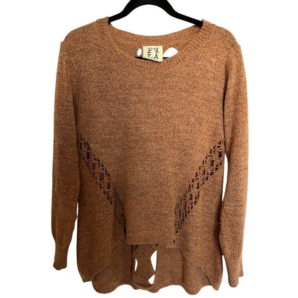 PQLA Brown Sweater, back cut outs, front detail, M/L, High-Low, Fall, Warm